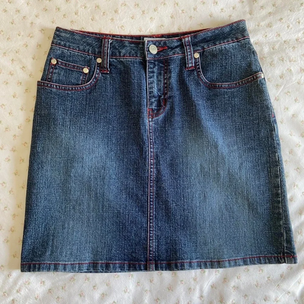 y2k 2000s contrast stitch denim mini skirt 💕 - Picture 1 of 8